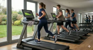 A group of runners training indoors on high-spec treadmills, focusing on the rare decline capabilities in a professional home gym setting.