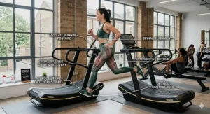 Side profile of an athlete demonstrating upright running posture and midfoot strike on a curved treadmill.