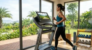 A woman in athletic gear running on a treadmill, focusing on the high-definition touchscreen display showing a virtual route.