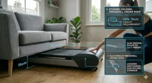 Alt text for image 9: A photorealistic demonstration of a folding treadmill with a 12cm height profile being stored securely under furniture in a UK home.