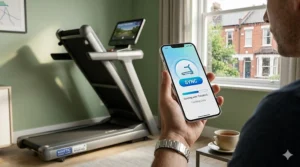 A user syncing a smartphone app to a wifi enabled treadmill to track fitness progress in a British home.