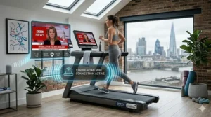 A high-definition treadmill screen streaming a UK news programme via a stable home wifi connection.