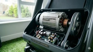 A runner using a tablet to sync a virtual training app with their treadmill, showing real-time metrics for a 16-week marathon programme.