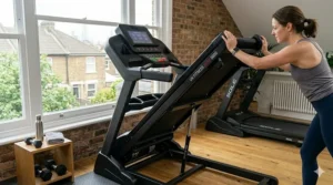 A semi-commercial treadmill being folded upwards using a soft-drop hydraulic system to save floor space in a British spare bedroom.