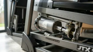 A compact folding treadmill with adjustable incline stored vertically in a small British flat.