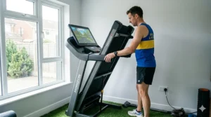 A male runner demonstrating the folding mechanism of a treadmill in a compact UK home gym with artificial turf flooring and a British power socket.