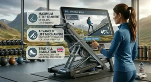 Technical illustration of an incline trainer at a 40 percent gradient, showing the lift mechanism for steep hill simulation.