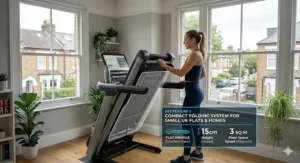 Alt text for image 6: Illustration demonstrating a slimline treadmill being stored under a standard grey sofa, ideal for smaller UK homes with limited floor space.