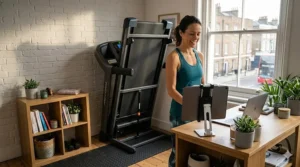 A photorealistic diagrammatic photograph of a high-performance treadmill. A transparent interface overlay illustrates how the Kinomap app automatically controls the treadmill's motorised incline to match the virtual terrain.
