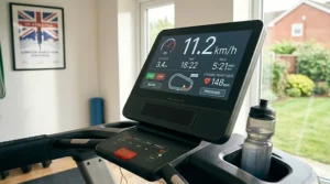 Illustration of a treadmill console showing UK metric measurements (km/h) and integrated heart rate monitoring for larger runners.