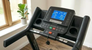 A digital treadmill console displaying speed, incline, and heart rate metrics for various built-in fitness programmes.