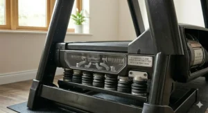 Close-up of an advanced multi-zone shock absorption system on a treadmill rated for 150kg users to reduce joint impact.
