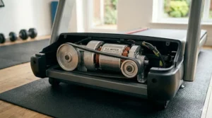 Close-up illustration of the shock absorption cushions under a wide treadmill deck to protect joints during high-impact running.