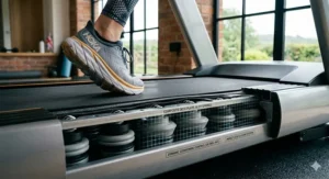 Cross-section illustration of advanced deck cushioning on a high performance treadmill to protect joints during intensive road-race training in the UK.