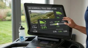 A digital touch-screen interface displaying real-time decline percentage settings and a visual map for a UK downhill trail simulation.