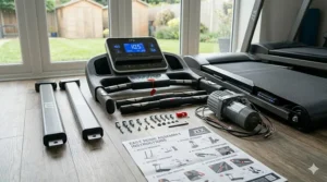 An unboxed treadmill showing simple assembly instructions for a UK customer.