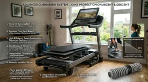 Ergonomic handrail controls on a hill simulation treadmill allowing for easy incline adjustments during a home workout.