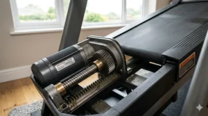 Close-up of a treadmill incline motor capable of simulating steep hill climbs for intensive home training.