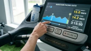 Macro photograph of a touchscreen interface showing the Marathon Pacing Suite with target speeds and estimated finish times for UK runners.