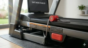 A close-up of safety side rails, emergency stop button, and magnetic safety clip on a premium treadmill with decline function.