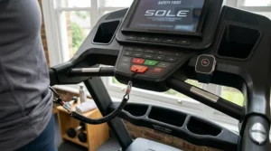 Close-up of essential safety features including a large red emergency stop button and a magnetic safety clip attached to the console.