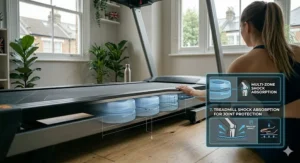 Alt text for image 8: Detailed diagram of treadmill deck cushioning and multi-zone impact reduction for comfortable running and joint protection at home.
