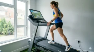 An athlete performing hill repeats on a treadmill at a 15% incline, simulating challenging UK marathon course elevations at home.