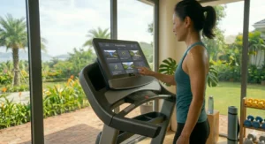 A treadmill user browsing the workout programme menu and integrated fitness apps on a large touchscreen display.