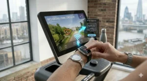 Close-up of a smartwatch wirelessly connecting to a smart treadmill via a home wifi network.