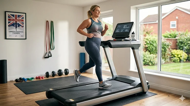 A person using a wide treadmill for larger users in a modern UK home gym setting, highlighting the extra-wide running deck and sturdy frame. wide treadmill for larger users