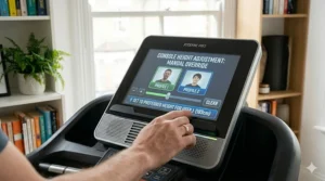 Diagram detailing an adjustable-tilting console and variable handlebar height setup on a premium home treadmill.