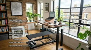 Alt text for image 9: An exploded view diagram showing the components of an active workstation, including an electric height-adjustable desk, a laptop stand, an ergonomic keyboard, and a sleek under-desk walking pad.