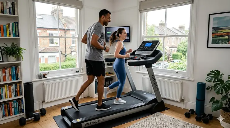 A tall man and a shorter woman standing next to a motorised home treadmill, highlighting the adjustable console height and spacious running deck for different strides. treadmill for couples different heights