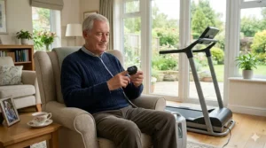 An older man checking his oxygen saturation using a fingertip pulse oximeter while resting after a gentle walking session on a treadmill.
