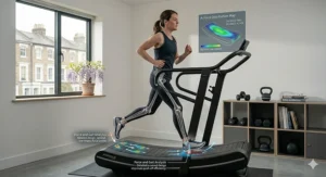 A compact self-powered running machine styled in a small British spare room gym, demonstrating space-saving fitness equipment.
