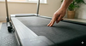 The Domyos Run 100 treadmill positioned against a wall in a small UK flat, showcasing its space-saving footprint.