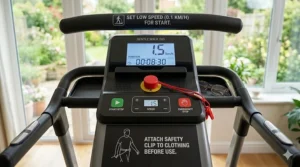 Close-up of a home treadmill console showing a low start speed setting and an easy-access emergency safety stop key for COPD patients.