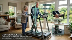 A photorealistic 4K technical diagram showing an older man walking with complex, semi-transparent digital skeletal and structural alignment overlays on his body and the treadmill to guide correct posture.