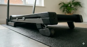 Detailed view of the wide running deck on the Domyos Run 100, designed for comfort and joint protection during use.