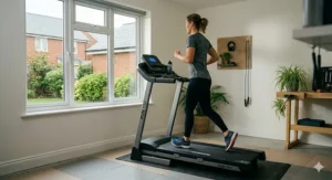 Showing the manual incline feet on the rear of the Decathlon Domyos Run 100 to increase training intensity.