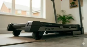 Highlighting the built-in transport wheels that allow the Domyos Run 100 to be moved easily between rooms.