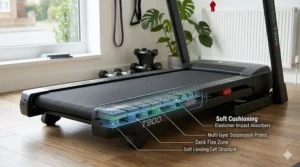 Diagram of the Domyos T900C treadmill deck highlighting the Soft Impact cushioning system for joint protection.