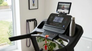 Close-up of the Domyos T900C treadmill backlit console showing speed, distance, and calorie tracking metrics.