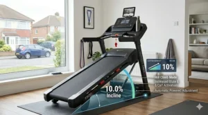 Side-on view of the Domyos T900C treadmill at a 10% incline for hill climb training at home.