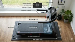 Top-down view showing the 50cm belt width and 152cm belt length dimensions of the Domyos T900C treadmill.