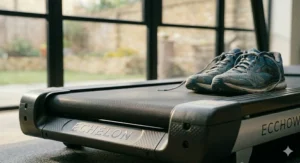 Alt text for image 6: Close-up of a pair of blue running trainers resting on the textured black belt of a stationary Echelon Stride treadmill deck, positioned near large patio windows.