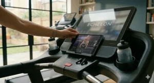 Alt text for image 5: A person's hand adjusting a tablet mounted onto the central console of an Echelon Stride treadmill during an active indoor running session.