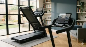 Alt text for image 2: A photorealistic view of the Echelon Stride treadmill shown in both its fully assembled running position and its folded-flat upright storage configuration inside a bright, oak-floored British home.