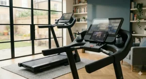 Alt text for image 4: Detailed view of the Echelon Stride treadmill's ergonomic handlebars, showing built-in water bottle holders and a smart device bracket with a trainer on screen.