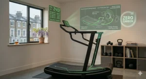 An eco-friendly fitness illustration featuring a self-powered treadmill surrounded by green leaves, emphasizing sustainable, zero-emission home workouts.